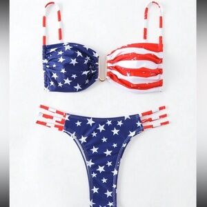 🇺🇸 American Flag Print Bikini Set with Gold Tone Hardware